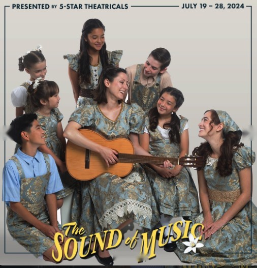 The Sound of Music key art: Maria with a guitar surrounded by the von Trapp children in matching curtain-fabric outfits