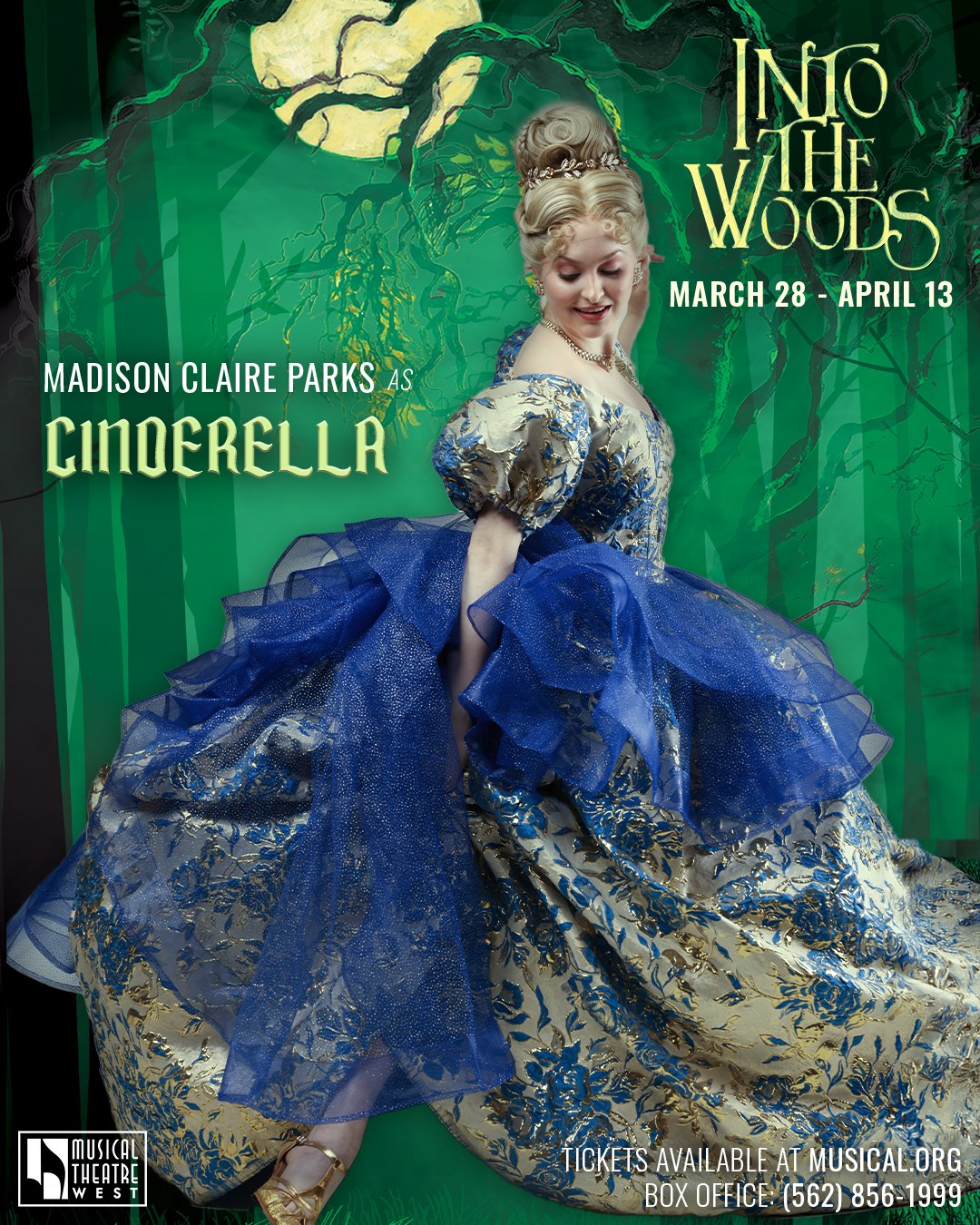 Into the Woods character portrait for Musical Theatre West: Madison Claire Parks as Cinderella, mid-twirl in a blue and gold gown against a green forest