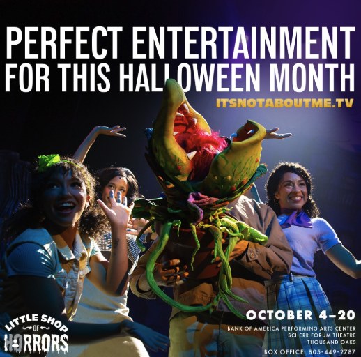 Little Shop of Horrors review post: the cast and Audrey II on stage under the pull quote ‘Perfect entertainment for this Halloween month’ from ItsNotAboutMe.tv