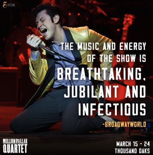 Million Dollar Quartet review post: a performer in a gold jacket singing on his knees beside the BroadwayWorld pull quote ‘The music and energy of the show is breathtaking, jubilant and infectious’