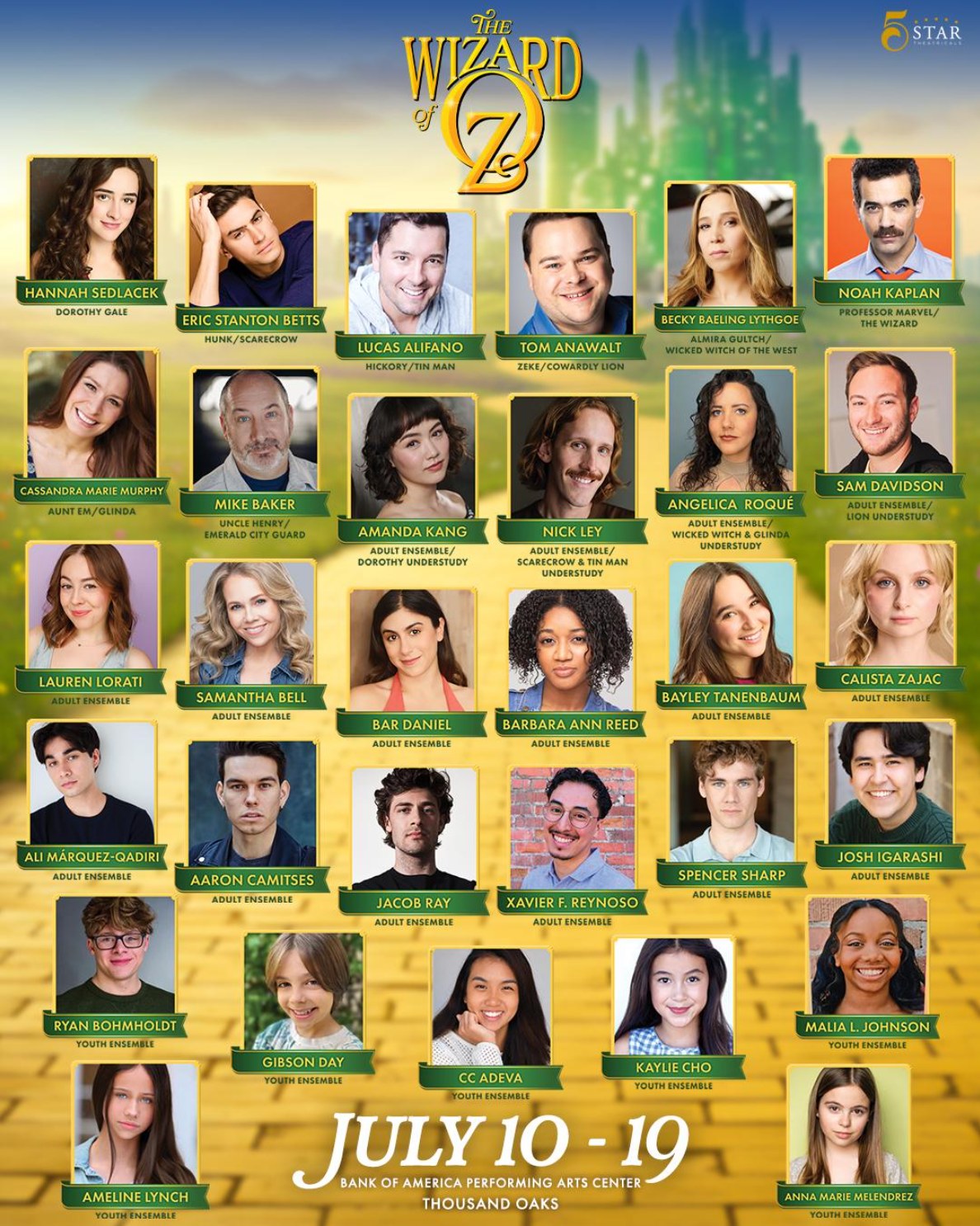 The Wizard of Oz cast announcement graphic: the full company in gold frames along a yellow brick road